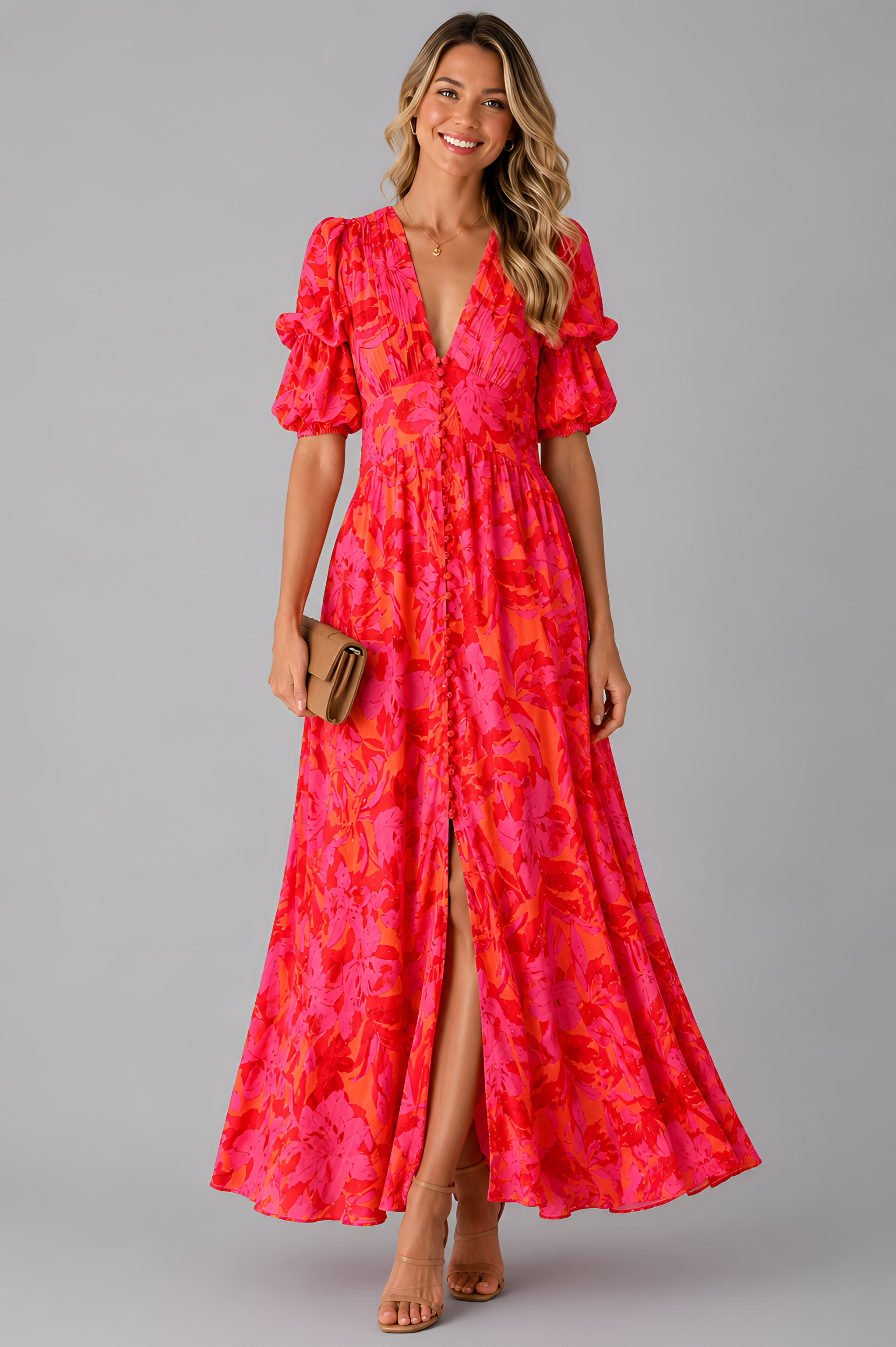 Womens Floral Maxi Dress | Puff Sleeve Front Slit