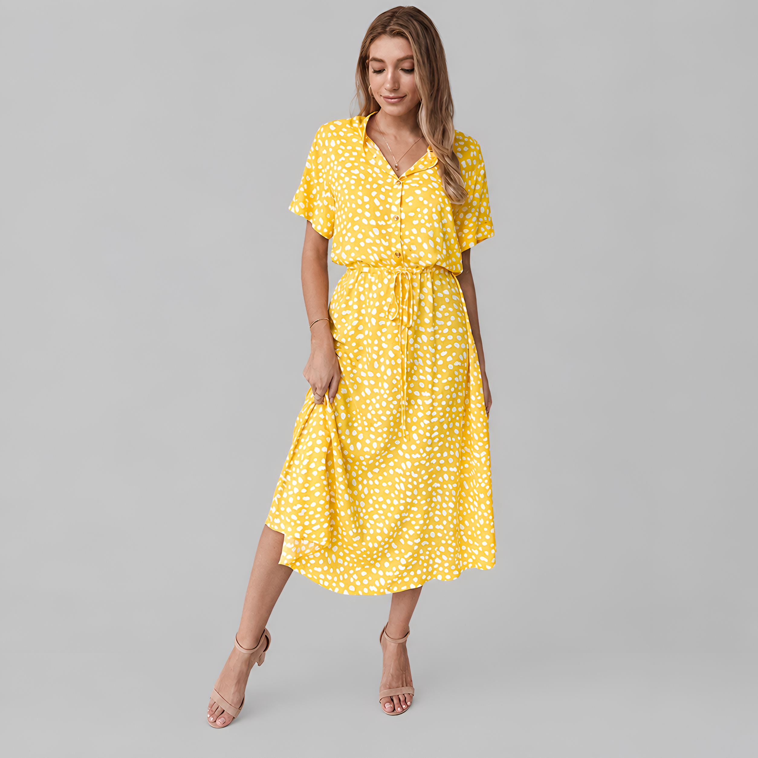 Button Front Spot Print Midi Dress