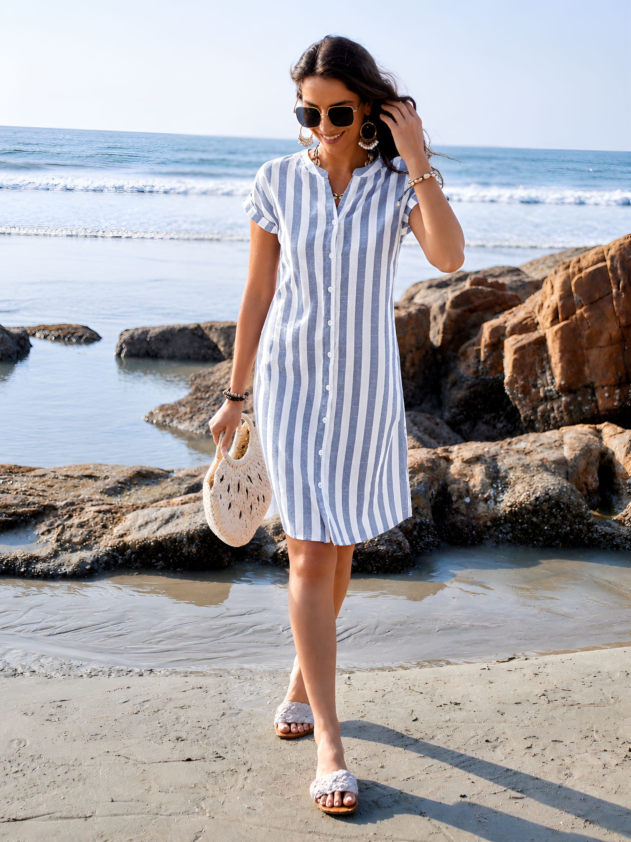 Button Front Striped Shirt Dress