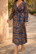 Long-Sleeve Printed Midi Dress with Twist-Front Waist