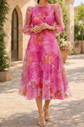 Long-Sleeve Floral Organza Midi Dress with Flared Skirt