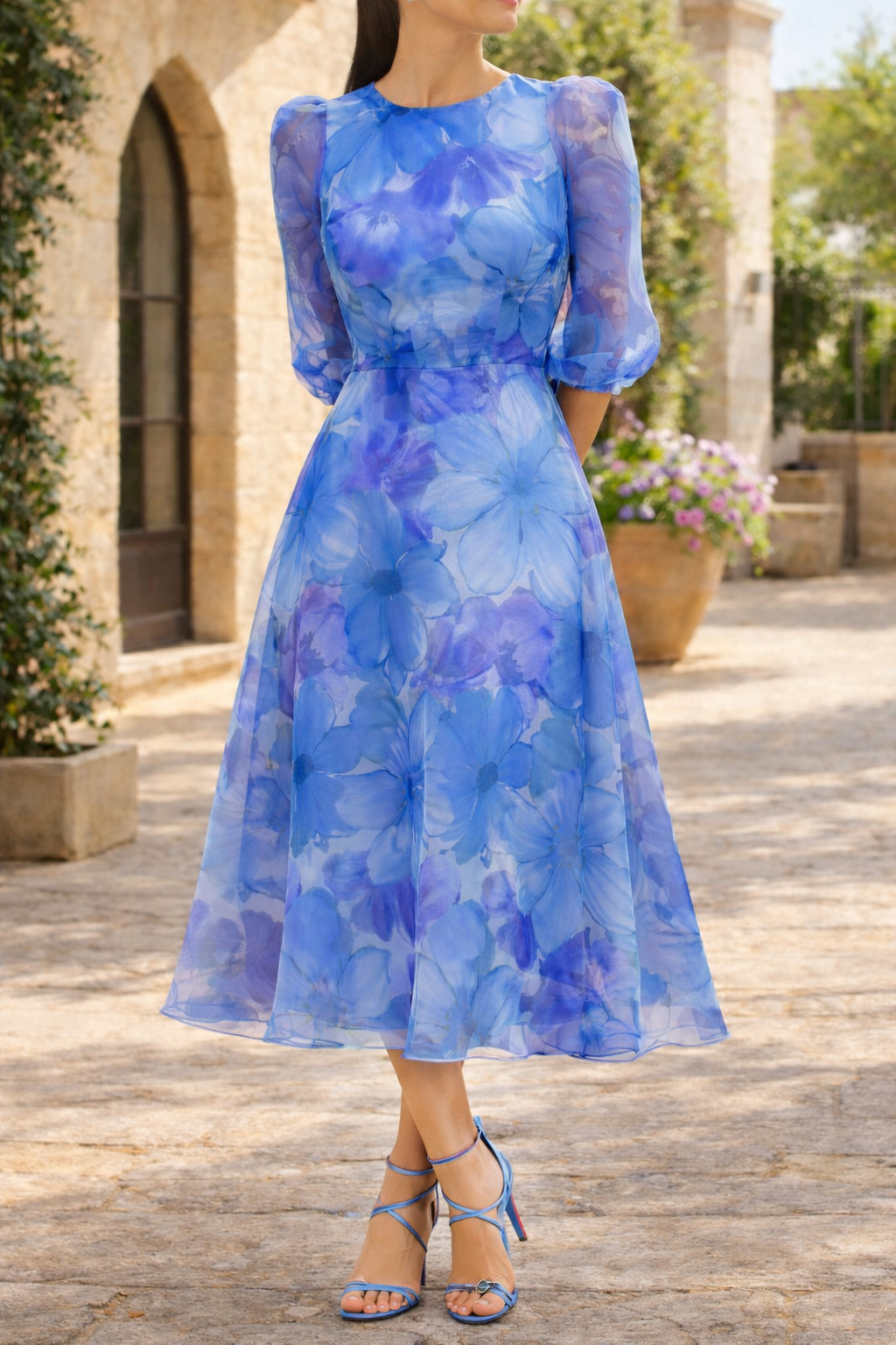 Long-Sleeve Floral Organza Midi Dress with Flared Skirt