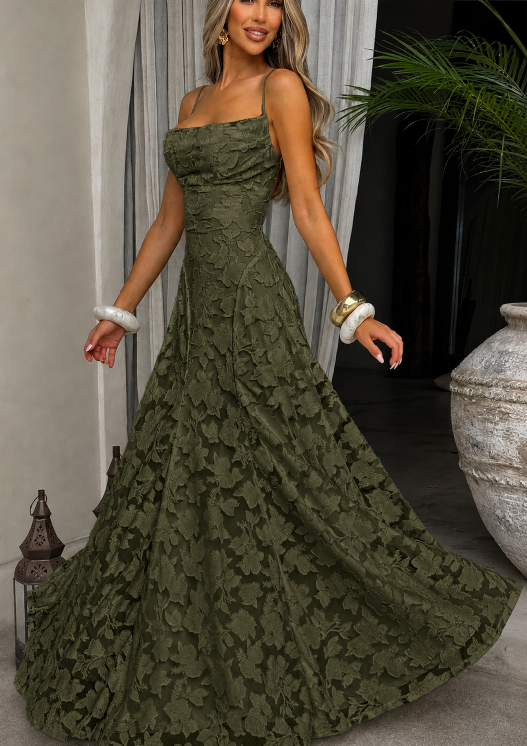 Womens Square Neck Textured Floral A Line Maxi Dress