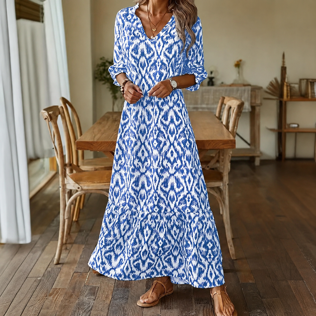 Printed Relaxed Fit V-Neck Maxi Dress