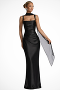 Womens Square Neck Ruched Maxi Evening Dress