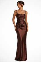 Womens Square Neck Ruched Maxi Evening Dress