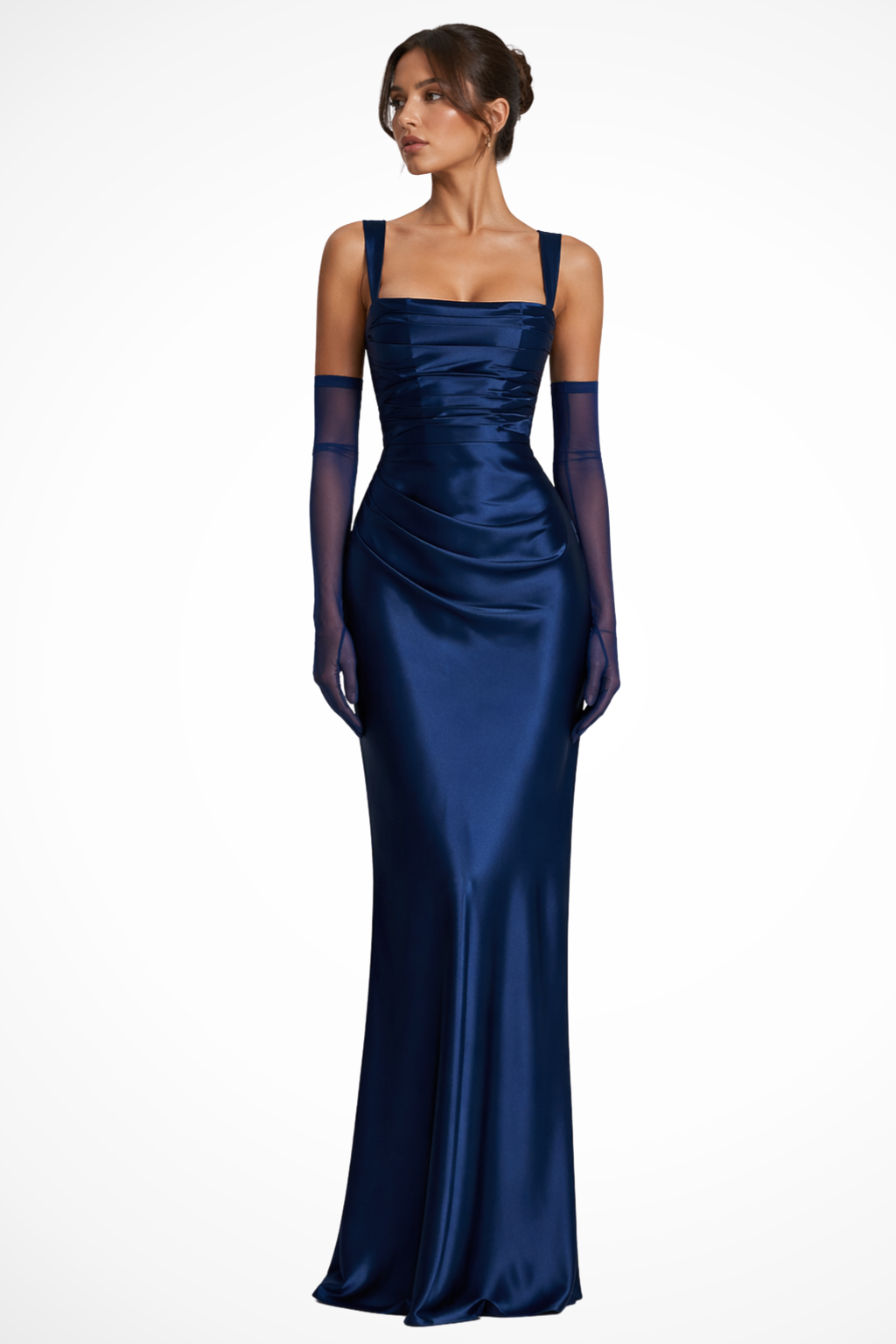 Womens Square Neck Ruched Maxi Evening Dress