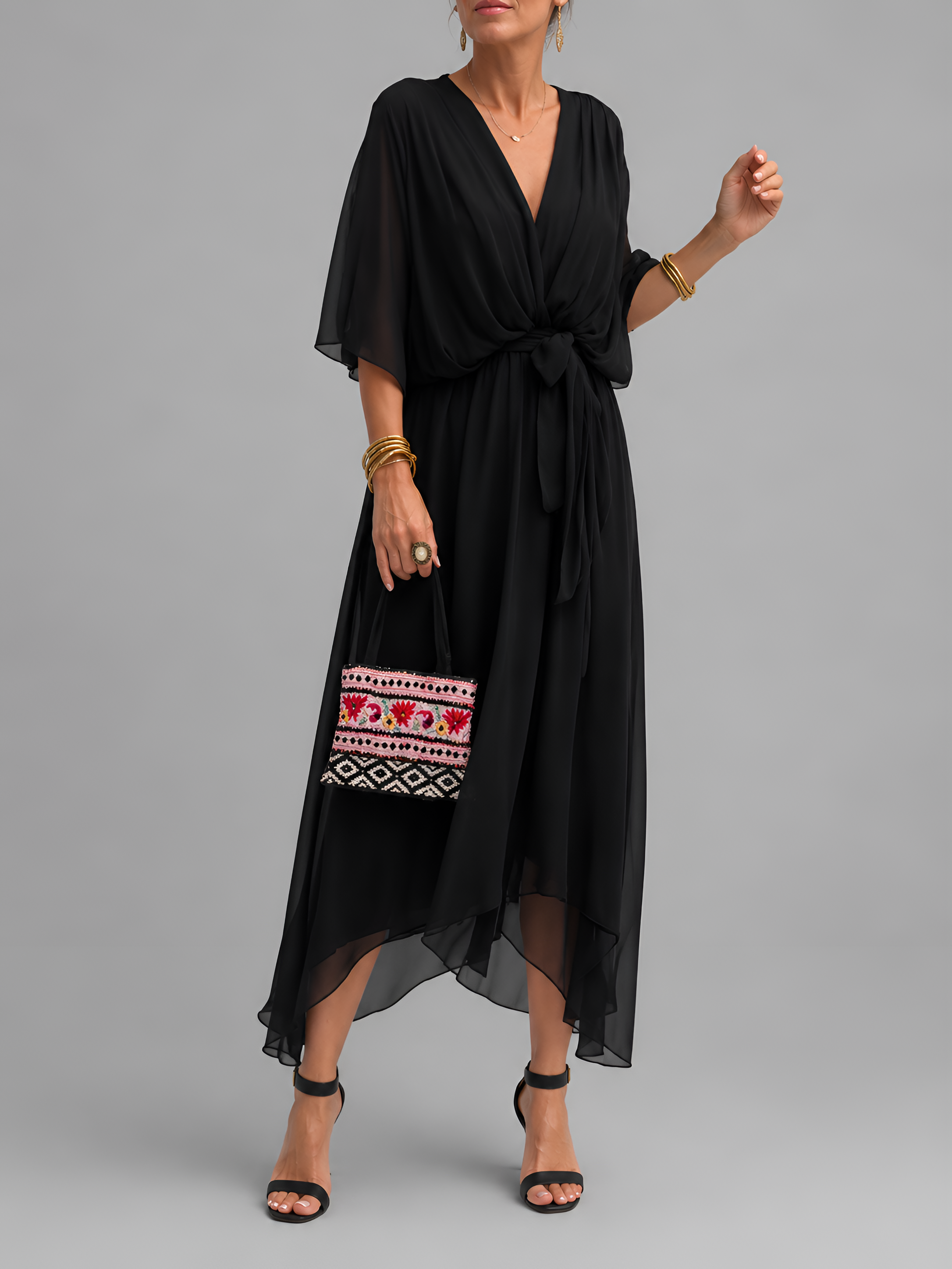 Flowy Sleeve Tie Waist Midi Dress