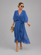 Flowy Sleeve Tie Waist Midi Dress