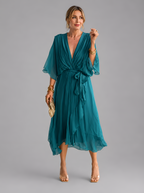 Flowy Sleeve Tie Waist Midi Dress