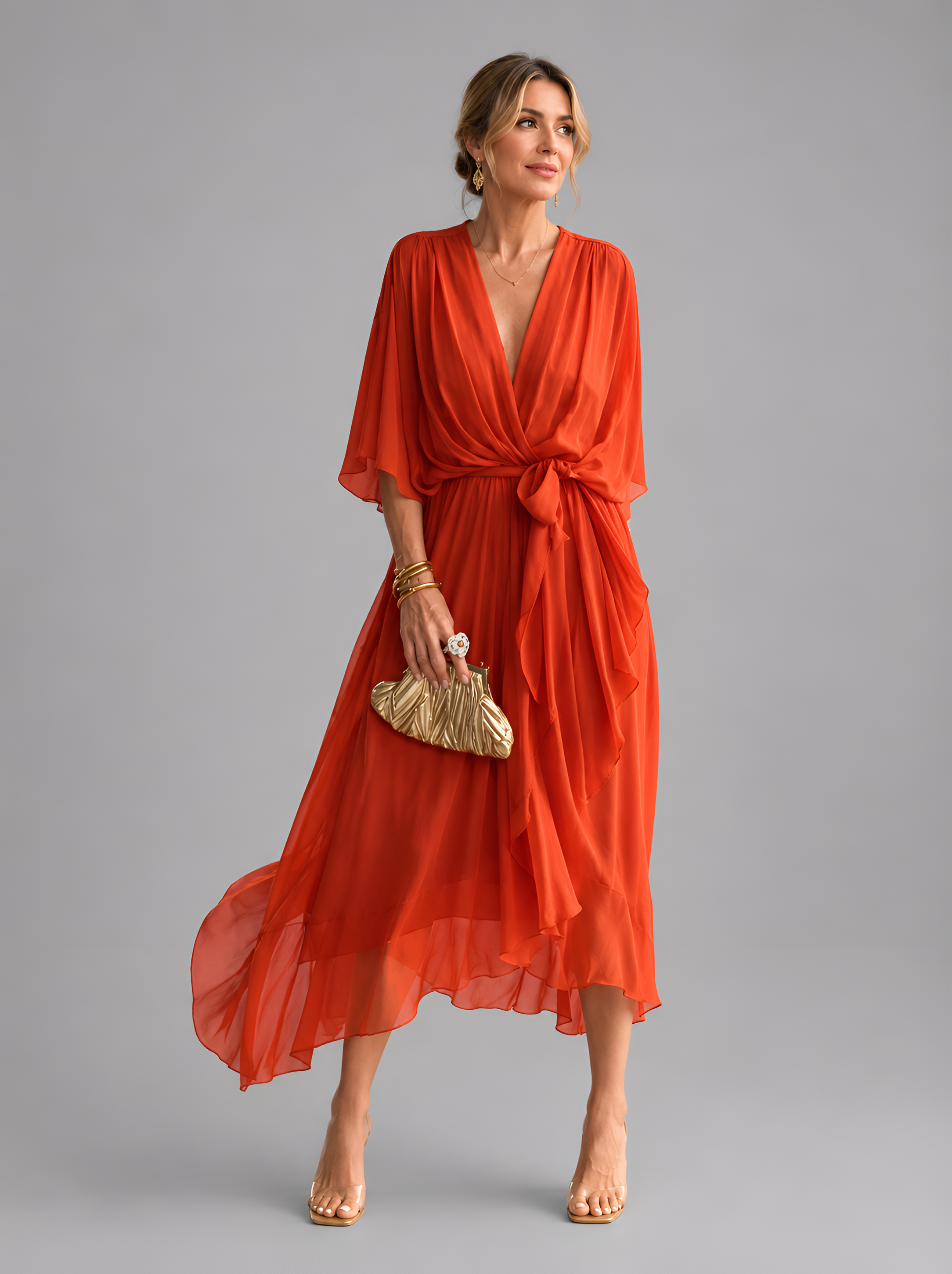 Flowy Sleeve Tie Waist Midi Dress
