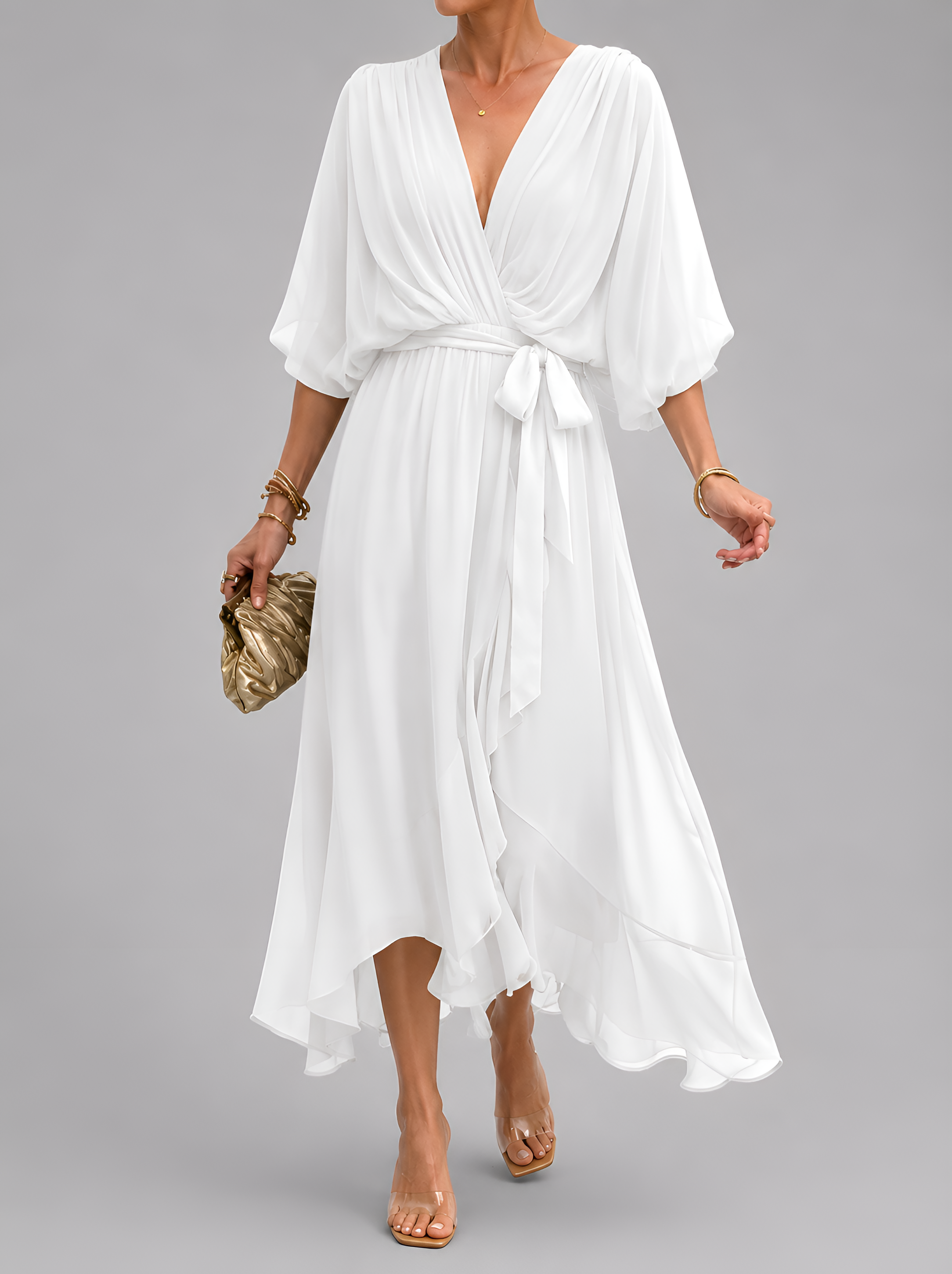 Flowy Sleeve Tie Waist Midi Dress