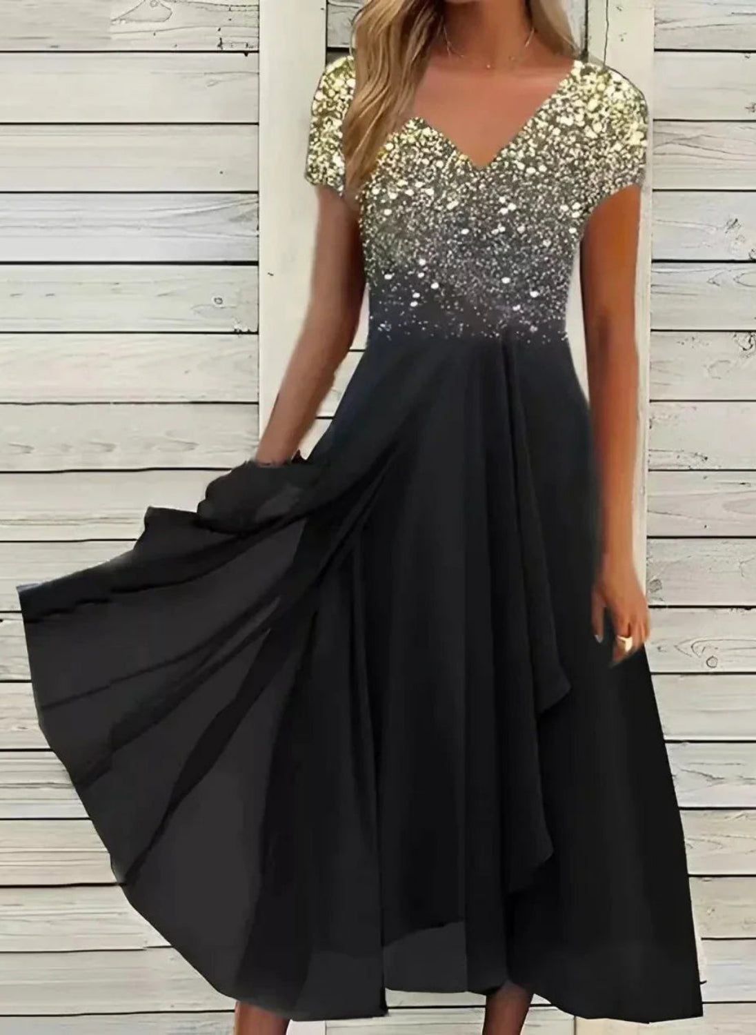 Womens Two-Tone Fitted Evening Dress with Stretch