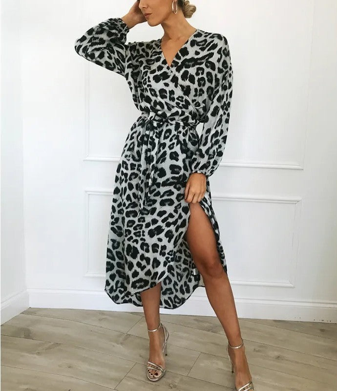 Leopard Print Wrap Midi Dress