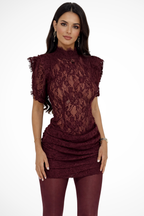 Womens Floral Lace Mock Neck Bodycon Mini Dress with Short Sleeves