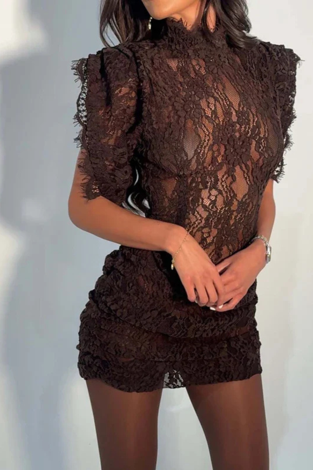 Womens Floral Lace Mock Neck Bodycon Mini Dress with Short Sleeves
