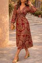 Long-Sleeve Printed Midi Dress with Twist-Front Waist