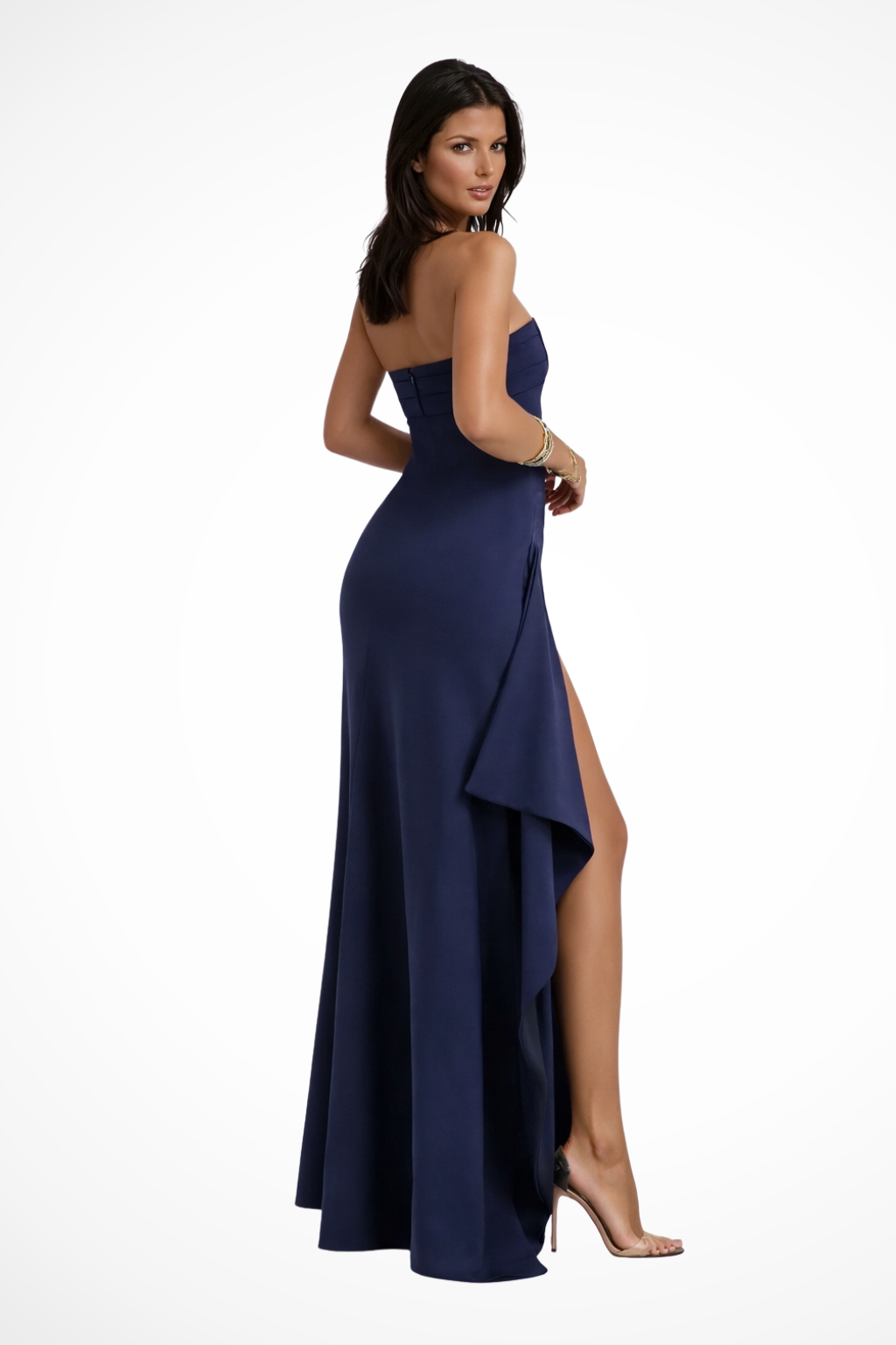 Womens Strapless Maxi Evening Dress with High Side Slit Description