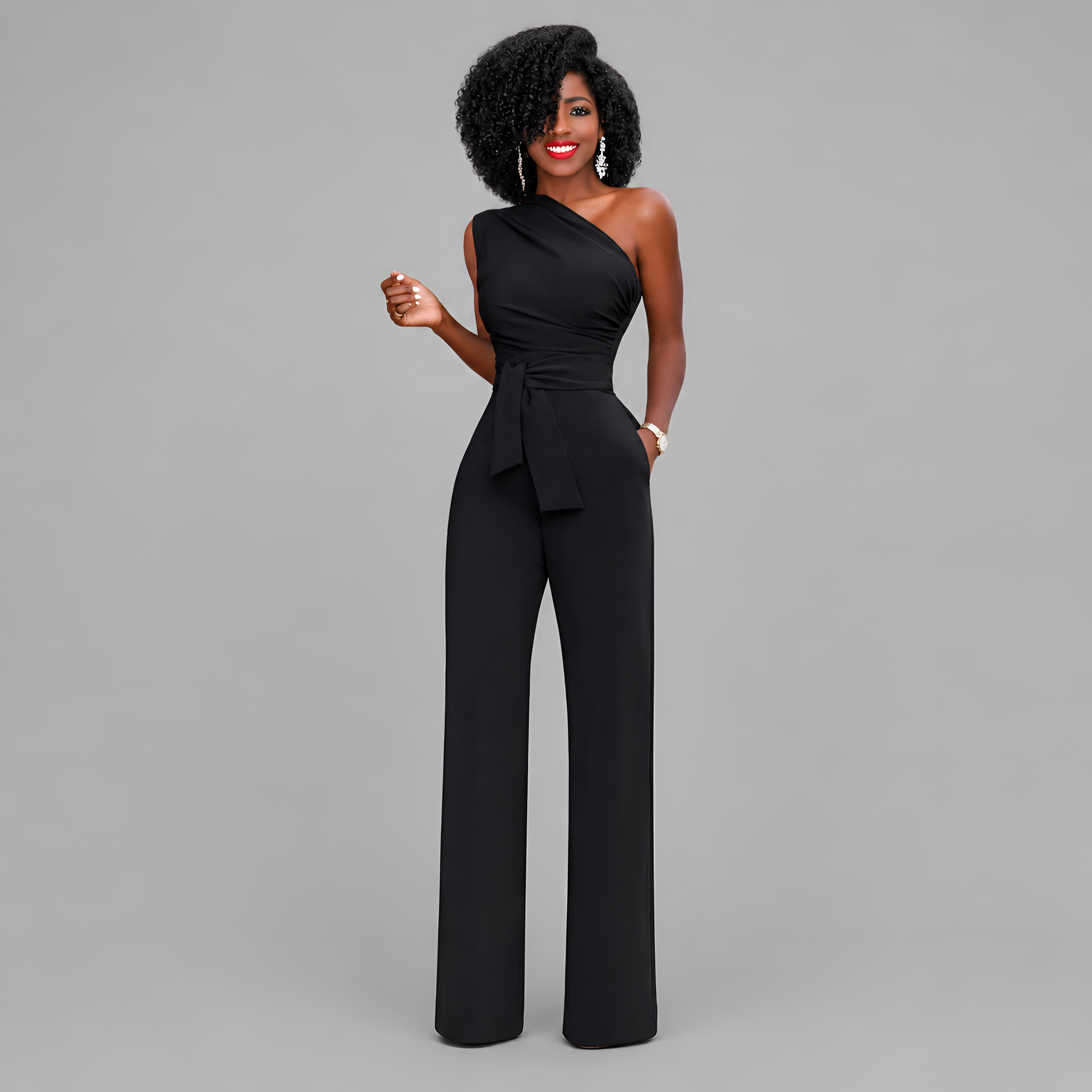 One-Shoulder Wide-Leg Evening Jumpsuit