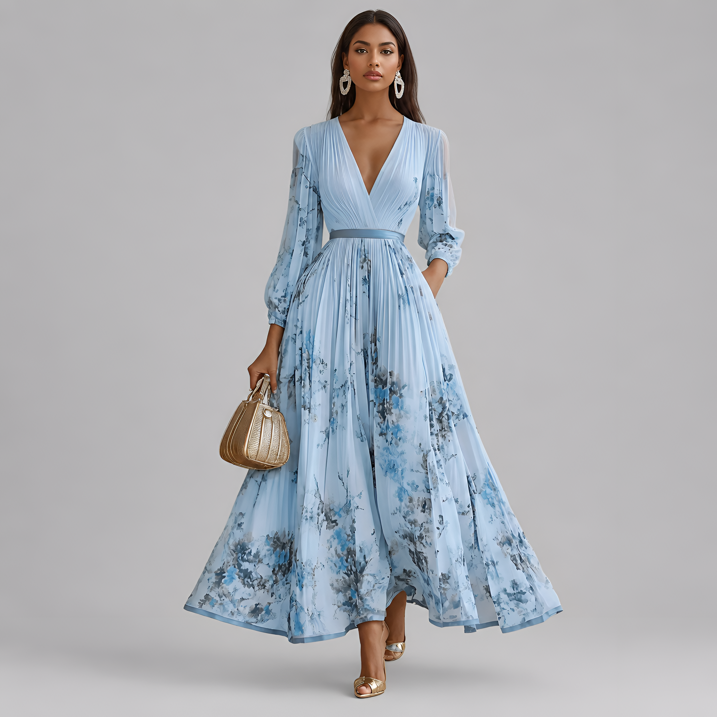 Pleated Floral Print Maxi Dress