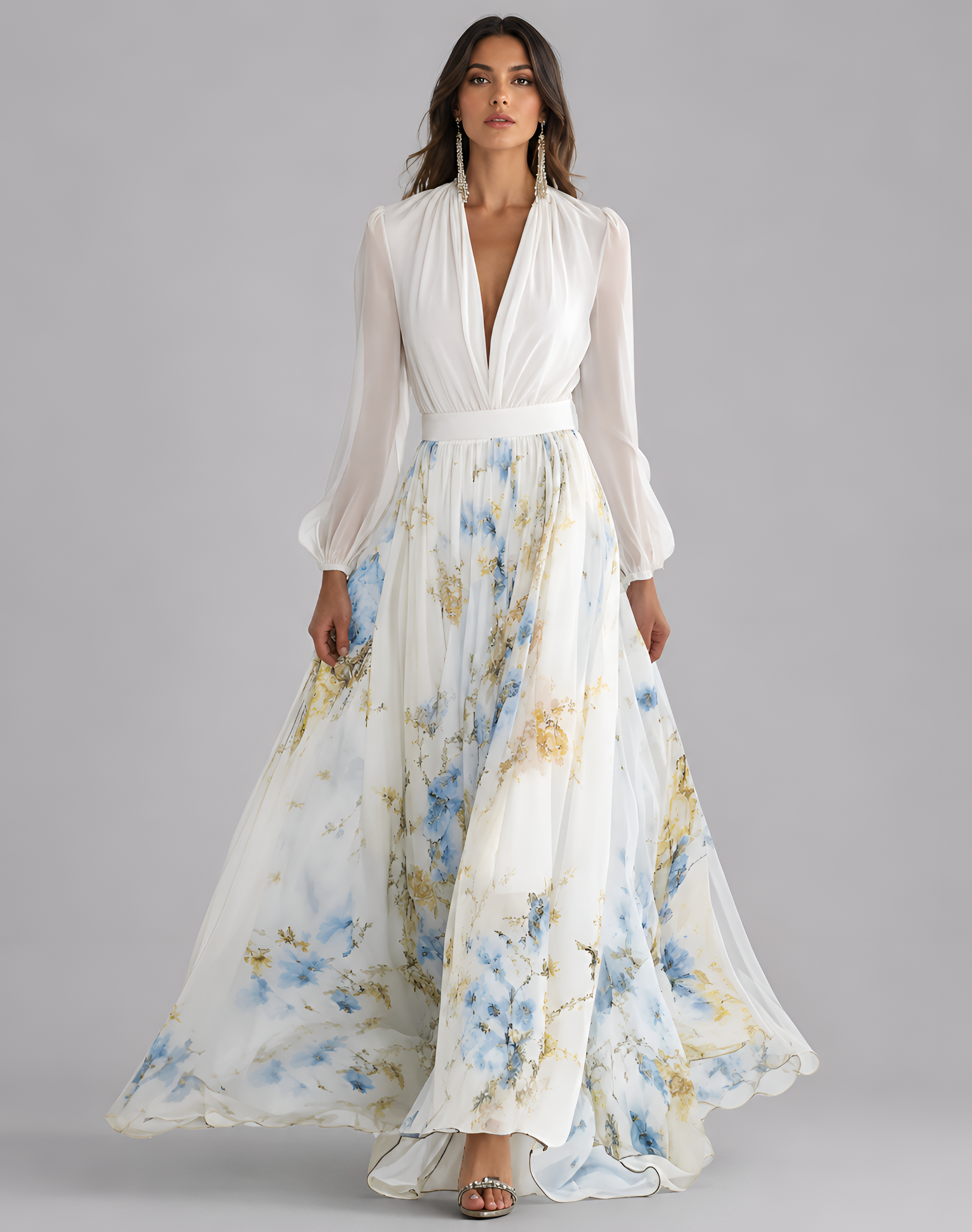 Pleated Floral Print Maxi Dress