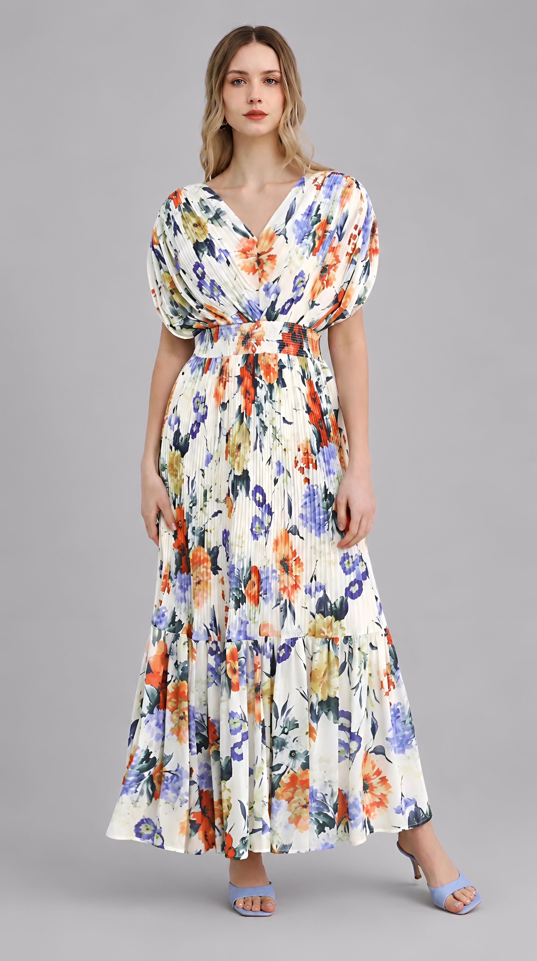 Pleated Floral Tiered Maxi Dress