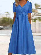 Pleated Waist V-Neck Midi Dress