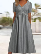 Pleated Waist V-Neck Midi Dress