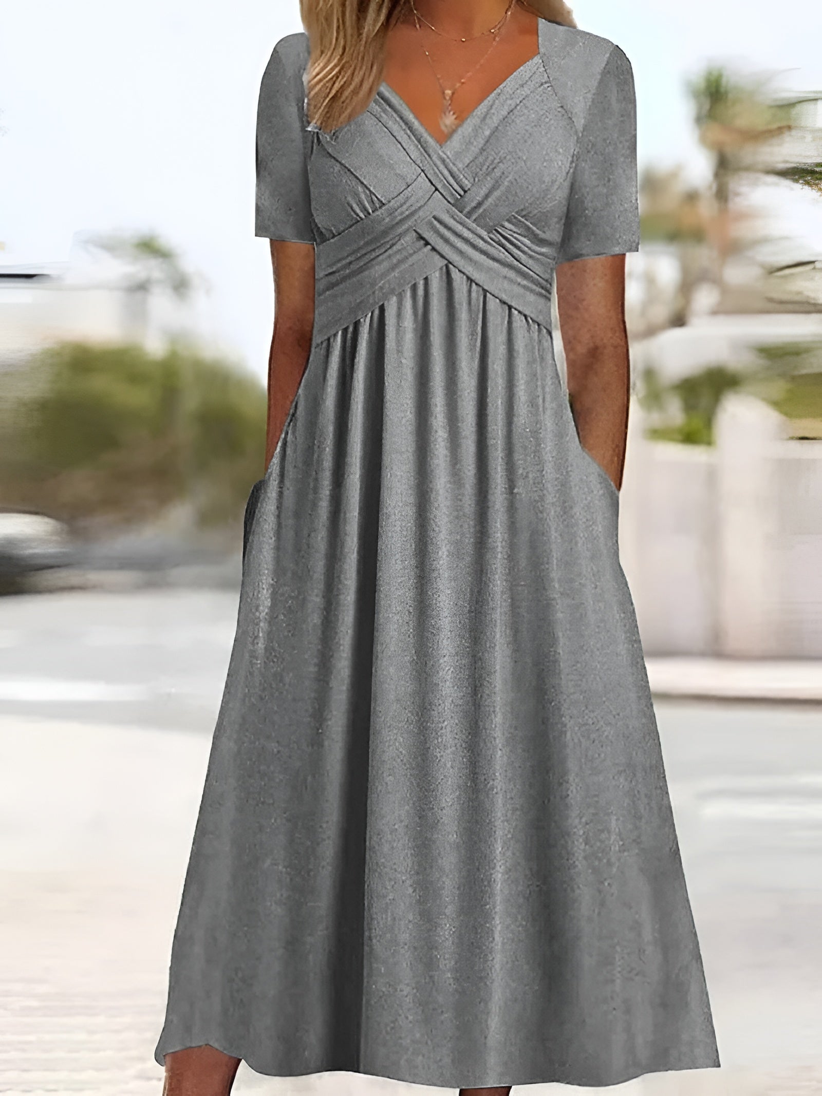 Pleated Waist V-Neck Midi Dress
