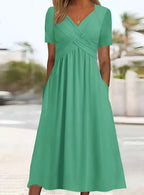 Pleated Waist V-Neck Midi Dress