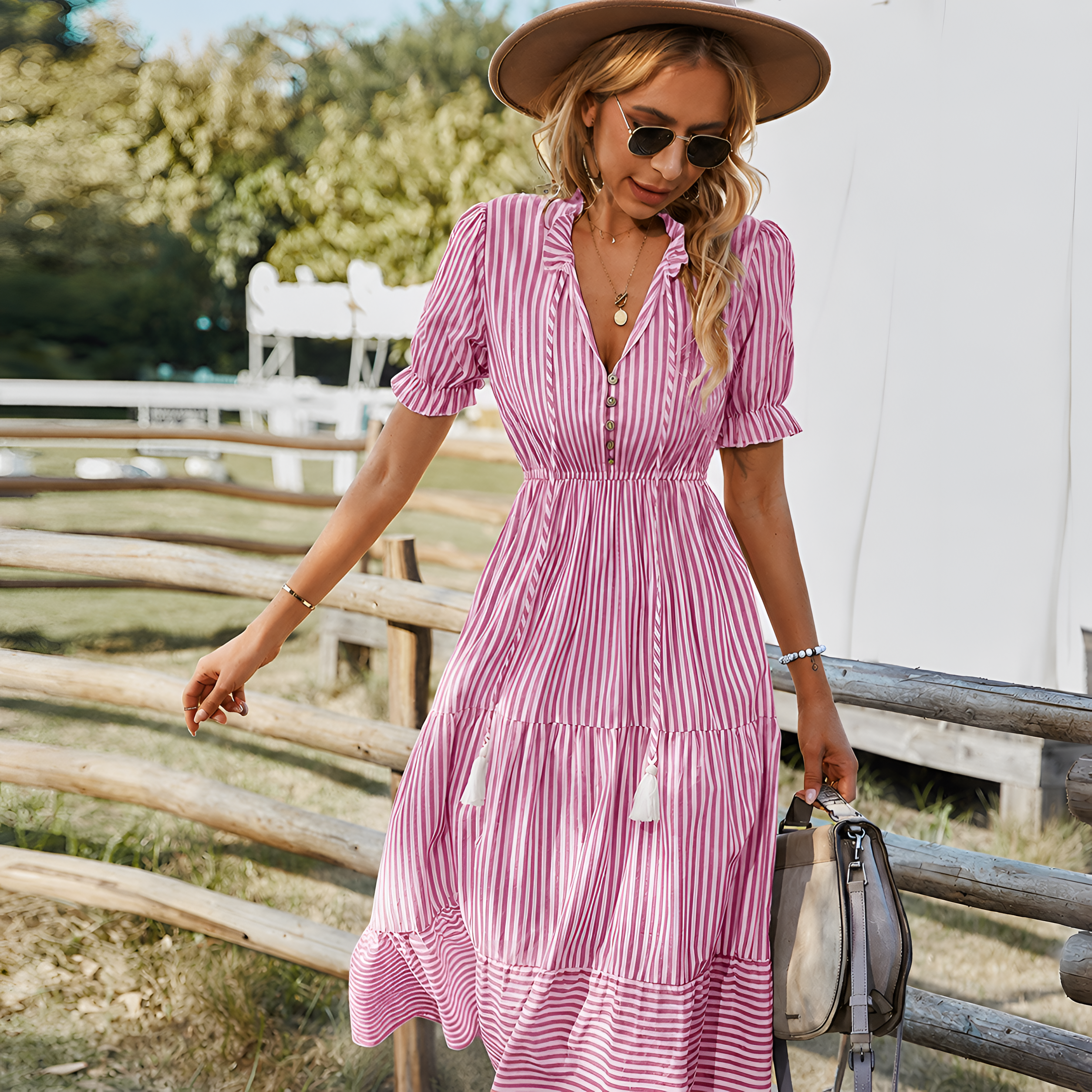 Striped Puff Sleeve Midi Dress