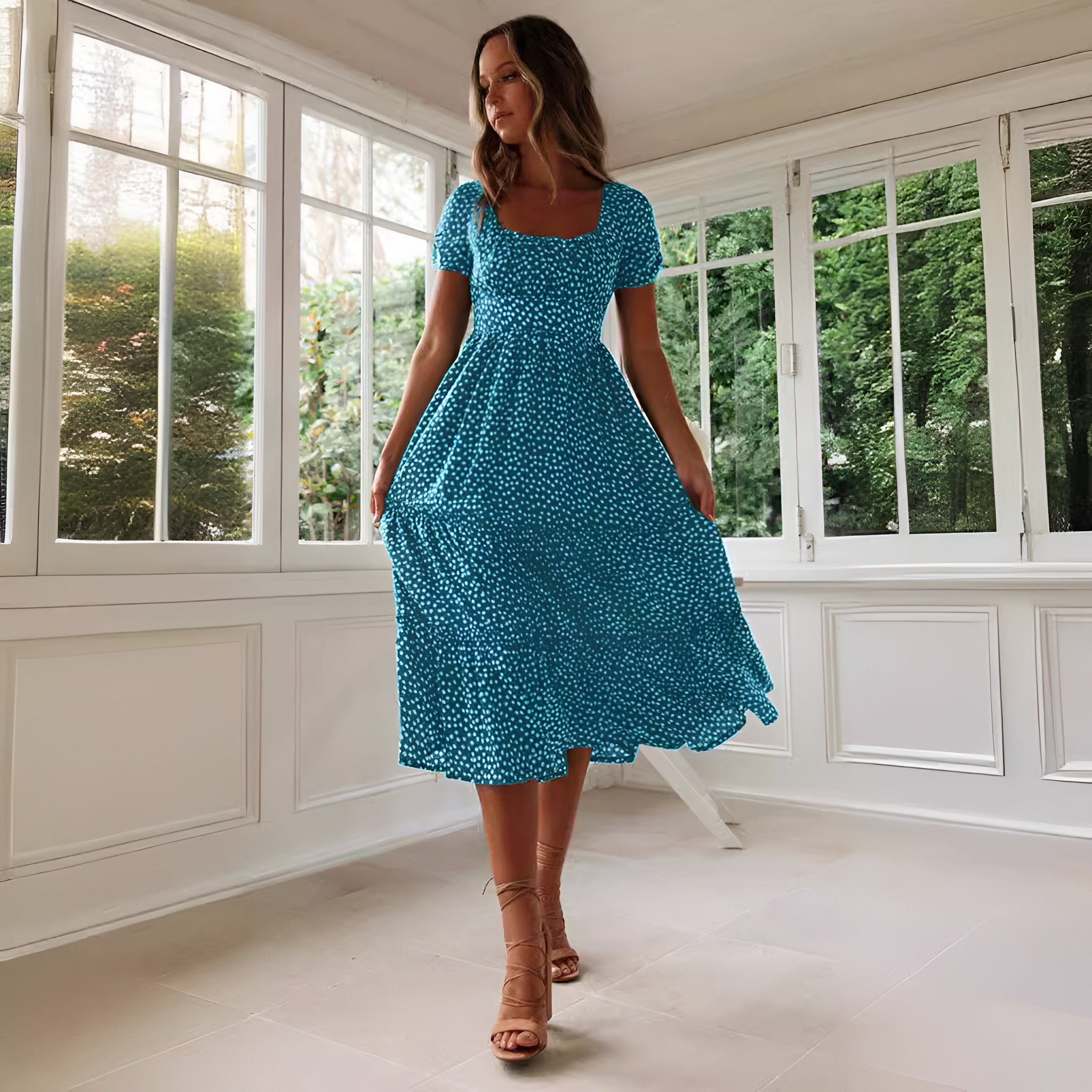Tiered Puff Sleeve Midi Dress