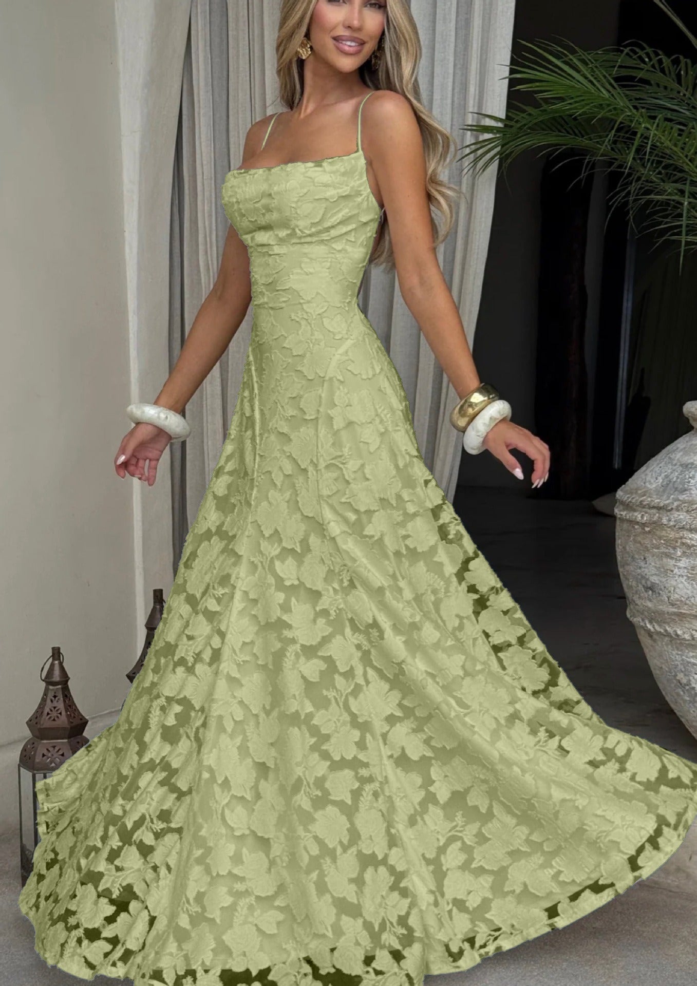 Womens Square Neck Textured Floral A Line Maxi Dress