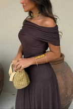 Womens Pleated One-Shoulder Maxi Dress with Asymmetric Neckline