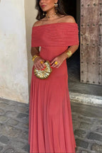 Womens Pleated One-Shoulder Maxi Dress with Asymmetric Neckline