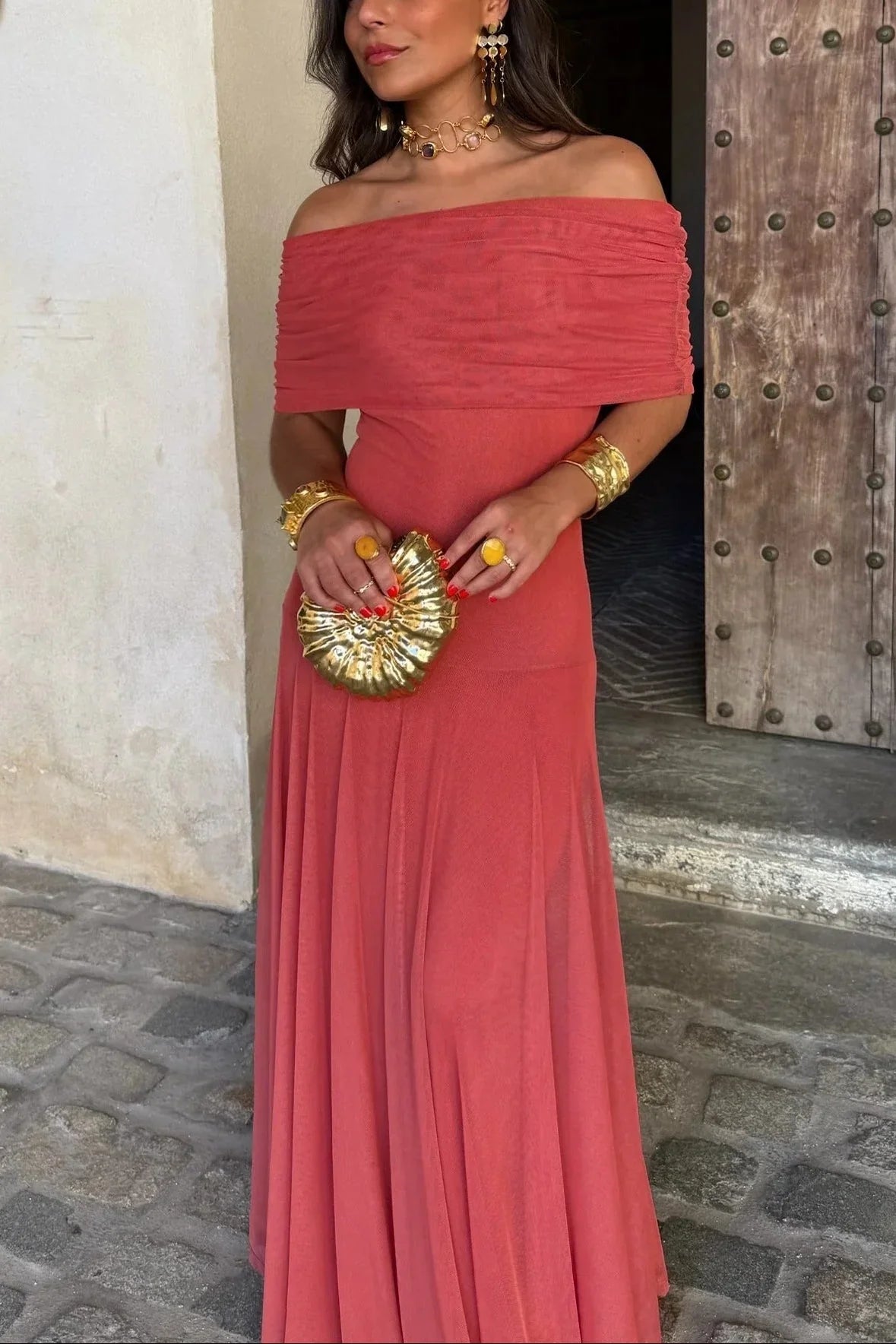 Womens Pleated One-Shoulder Maxi Dress with Asymmetric Neckline