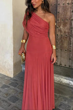 Womens Pleated One-Shoulder Maxi Dress with Asymmetric Neckline