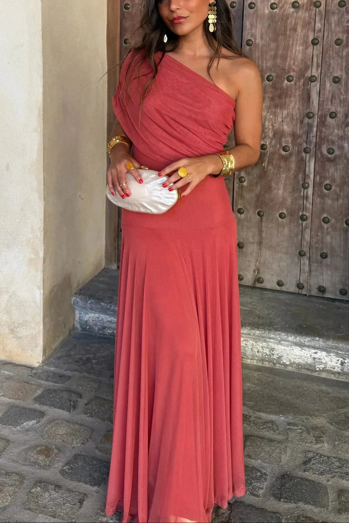 Womens Pleated One-Shoulder Maxi Dress with Asymmetric Neckline