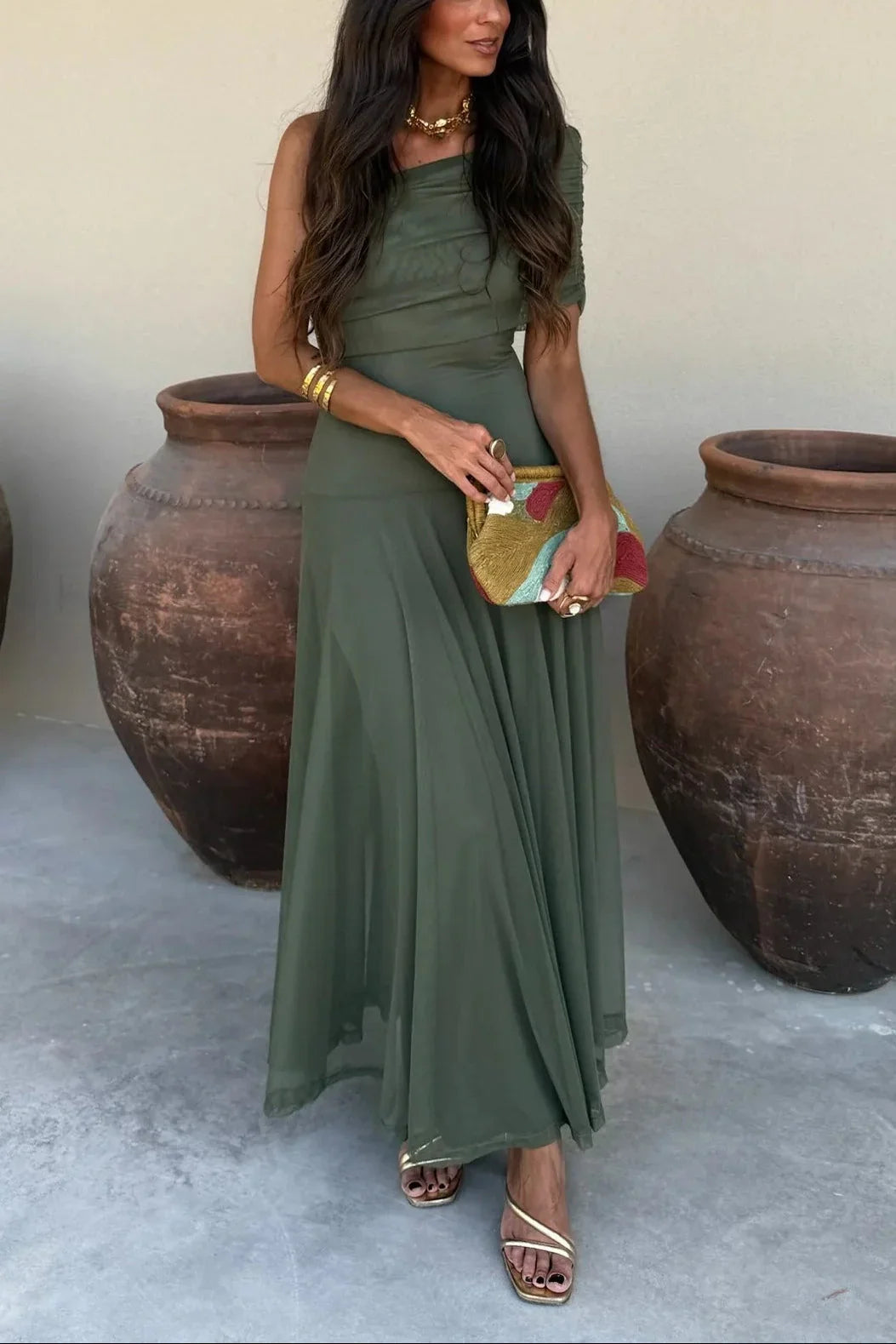 Womens Pleated One-Shoulder Maxi Dress with Asymmetric Neckline