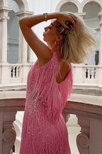 Womens Sequin Fringe Mini Dress with V-Neck Sleeveless