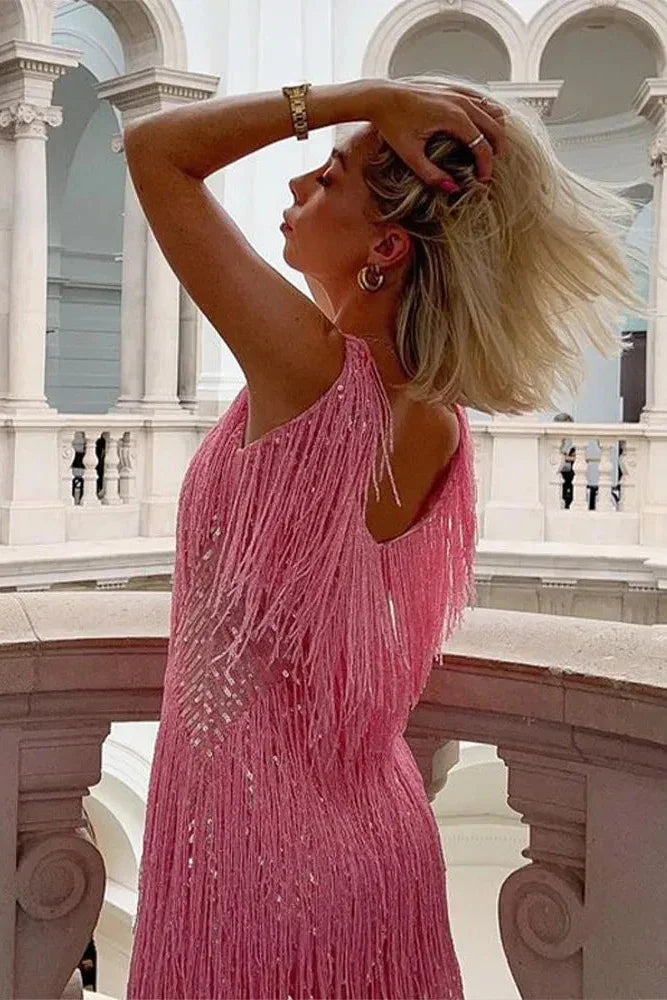Womens Sequin Fringe Mini Dress with V-Neck Sleeveless