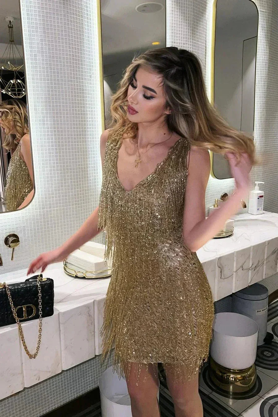 Womens Sequin Fringe Mini Dress with V-Neck Sleeveless