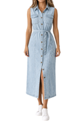 Women's Sleeveless Belted Button-Down Denim Maxi Dress with Front Split