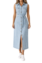 Women's Sleeveless Belted Button-Down Denim Maxi Dress with Front Split