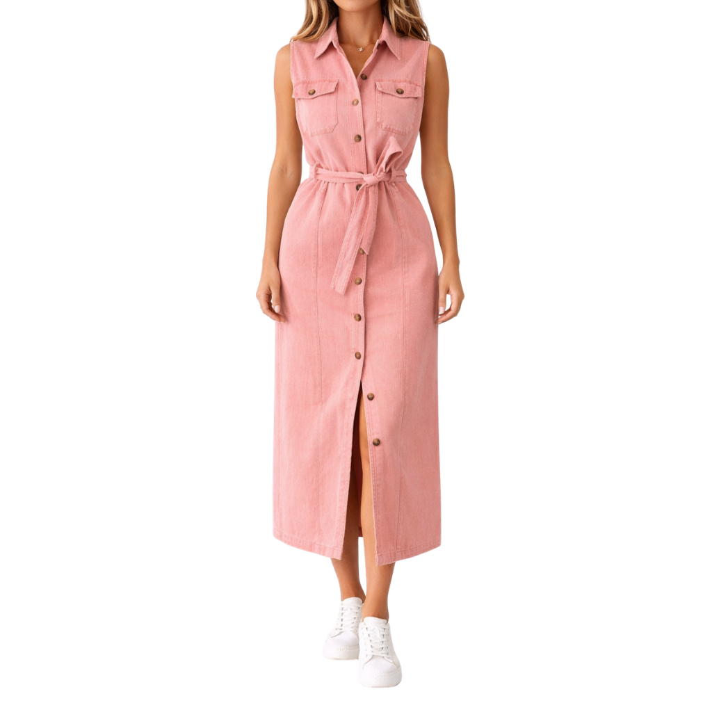 Women's Sleeveless Belted Button-Down Denim Maxi Dress with Front Split