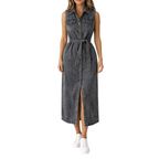 Women's Sleeveless Belted Button-Down Denim Maxi Dress with Front Split