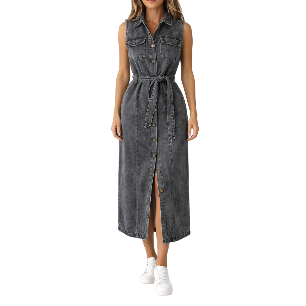Women's Sleeveless Belted Button-Down Denim Maxi Dress with Front Split