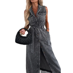 Women's Sleeveless Belted Button-Down Denim Maxi Dress with Front Split