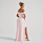 Womens Off-Shoulder Maxi Dress with High Slit and Short Sleeves Description