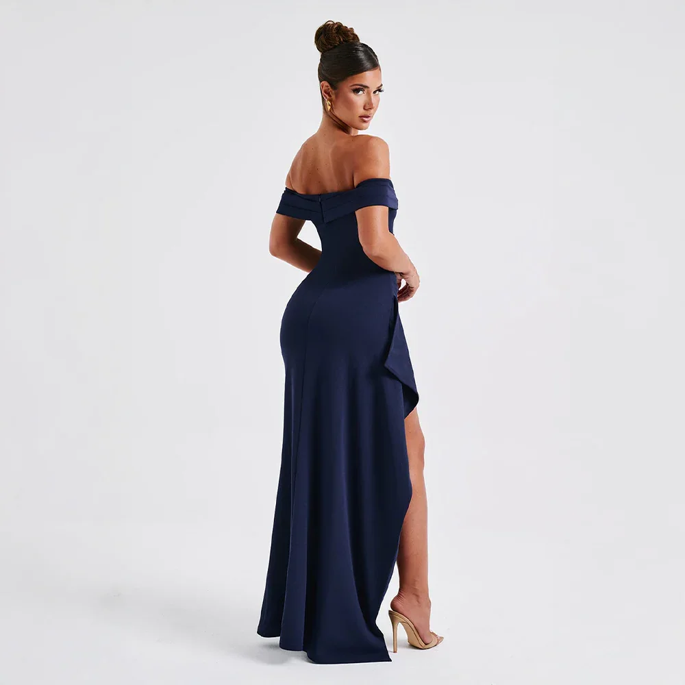 Womens Off-Shoulder Maxi Dress with High Slit and Short Sleeves Description